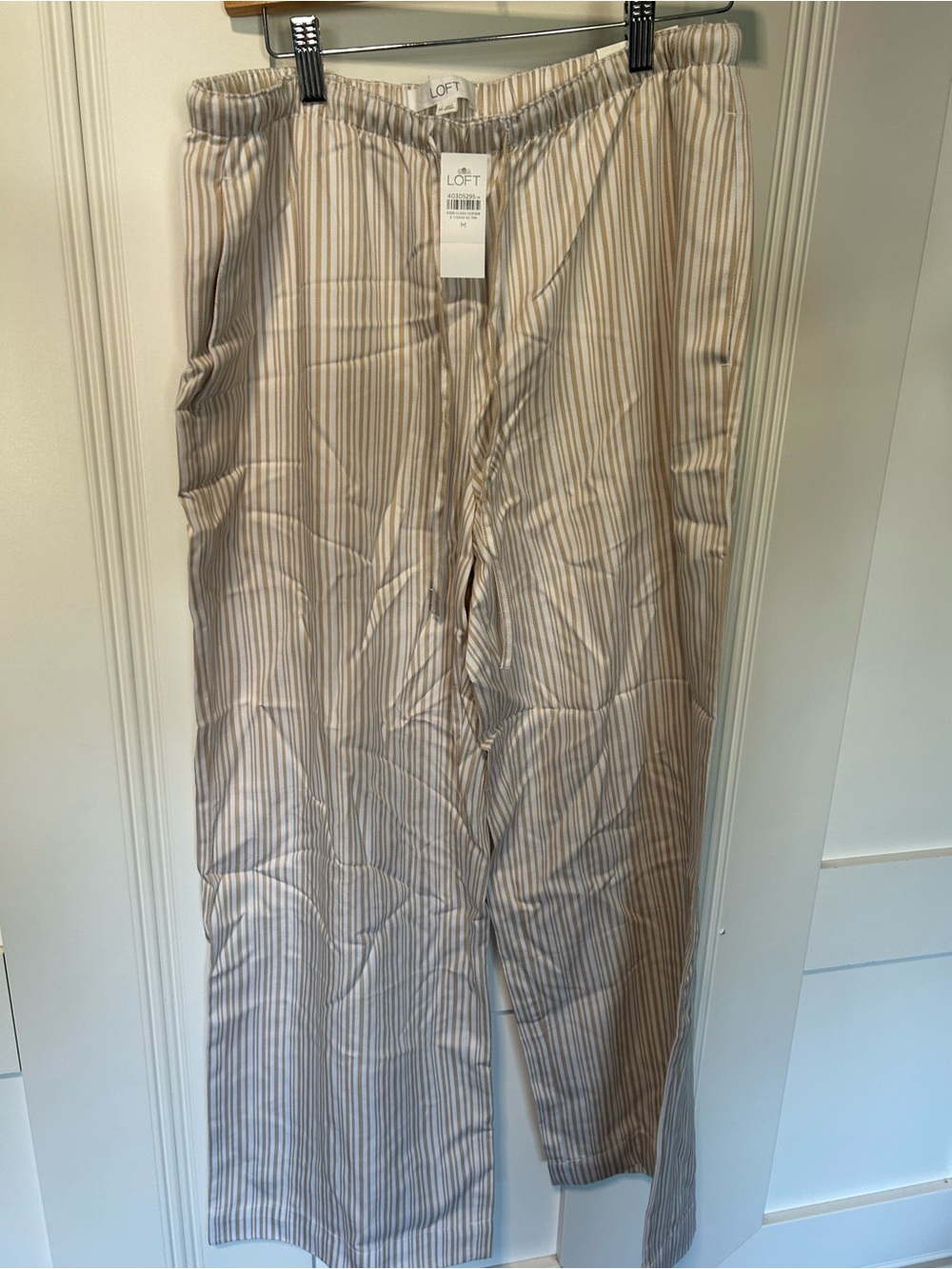 LOFT Beige and White Pinstripe Wide-Leg Pants